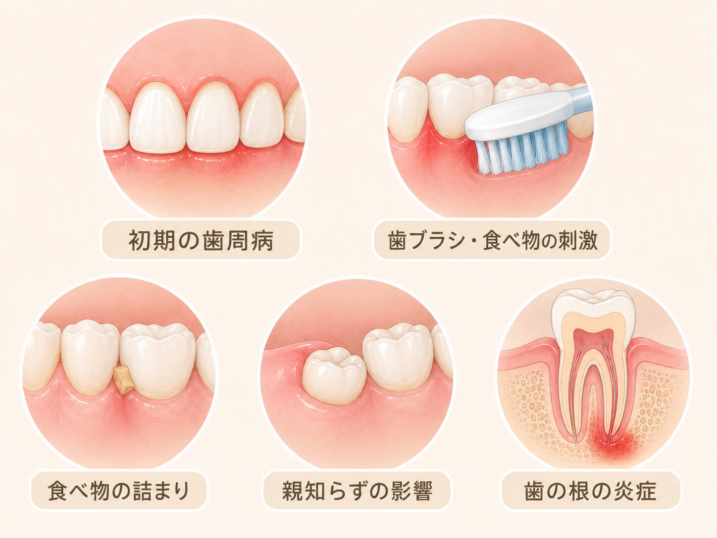 腫れのない歯茎の痛みの原因を示したイラスト