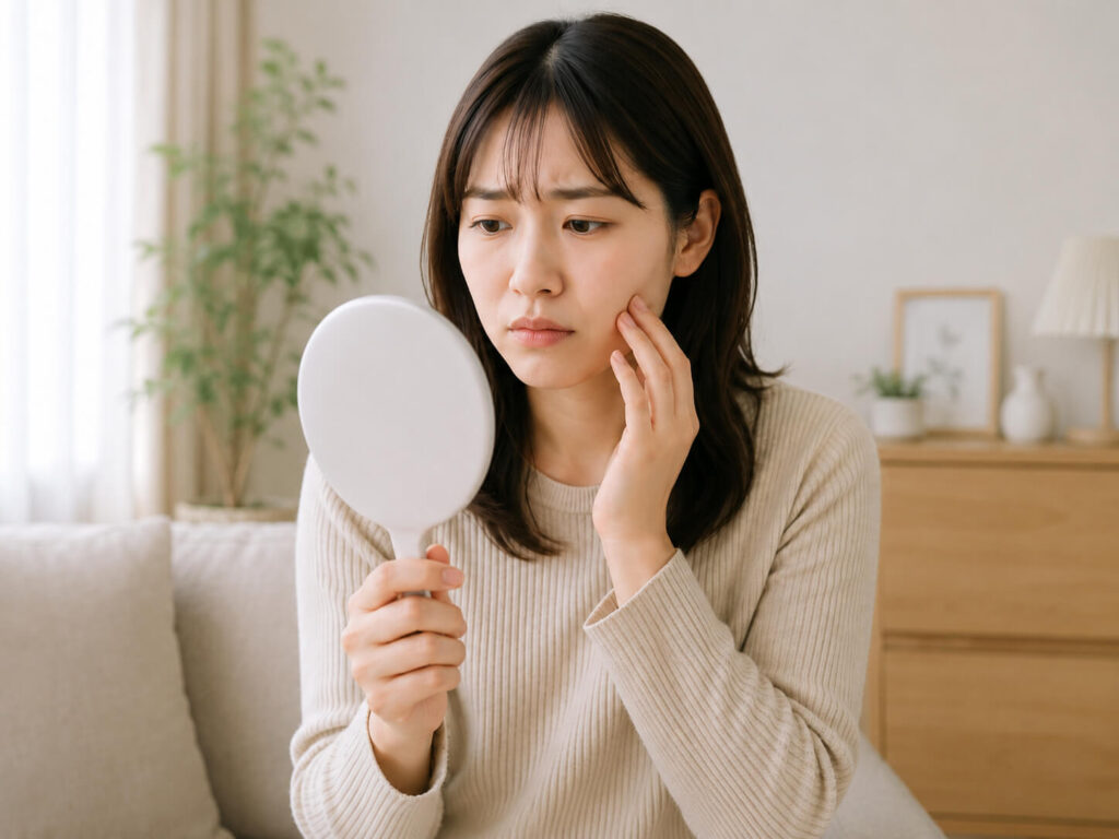腫れはないものの歯茎の痛みを気にする女性の様子