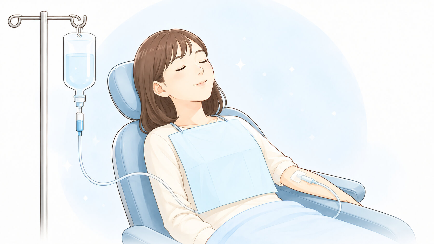 点滴を受けながら歯科診療台で休む女性のイラスト