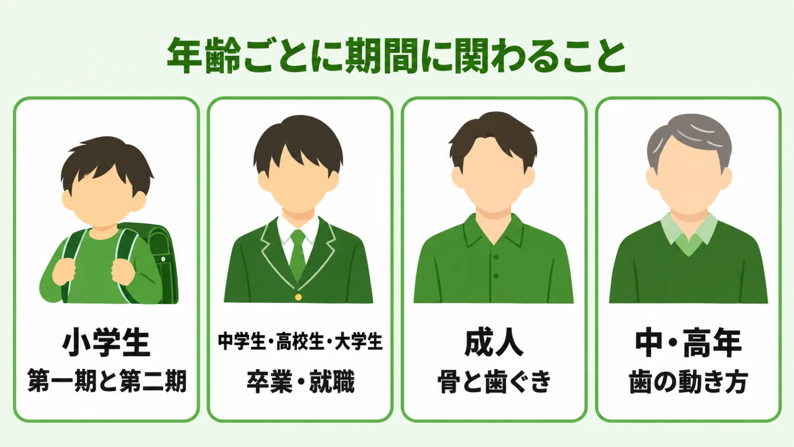 小学生・中高大学生・成人・中高年の4枚のカードに、期間に効くことを1語ずつ書いた図